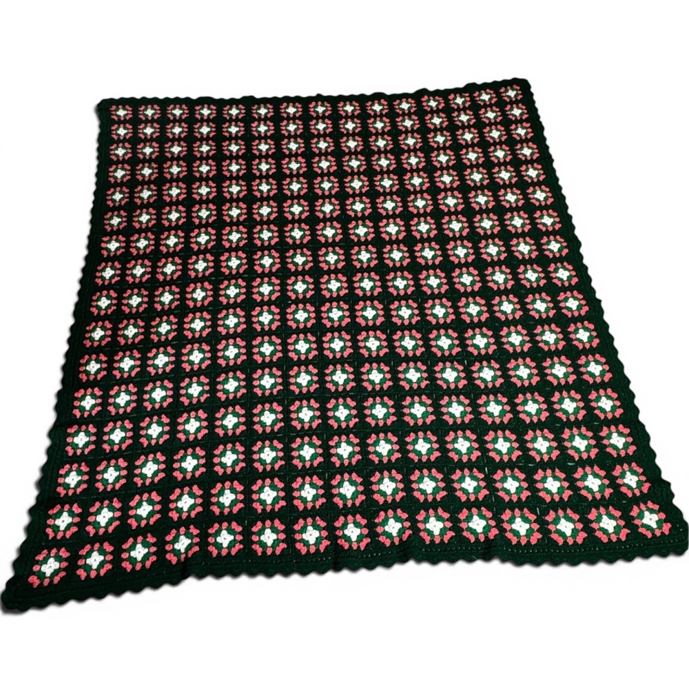 Vintage Handmade Granny Square Afghan Crochet Blanket Green Pink White 72x72 70s